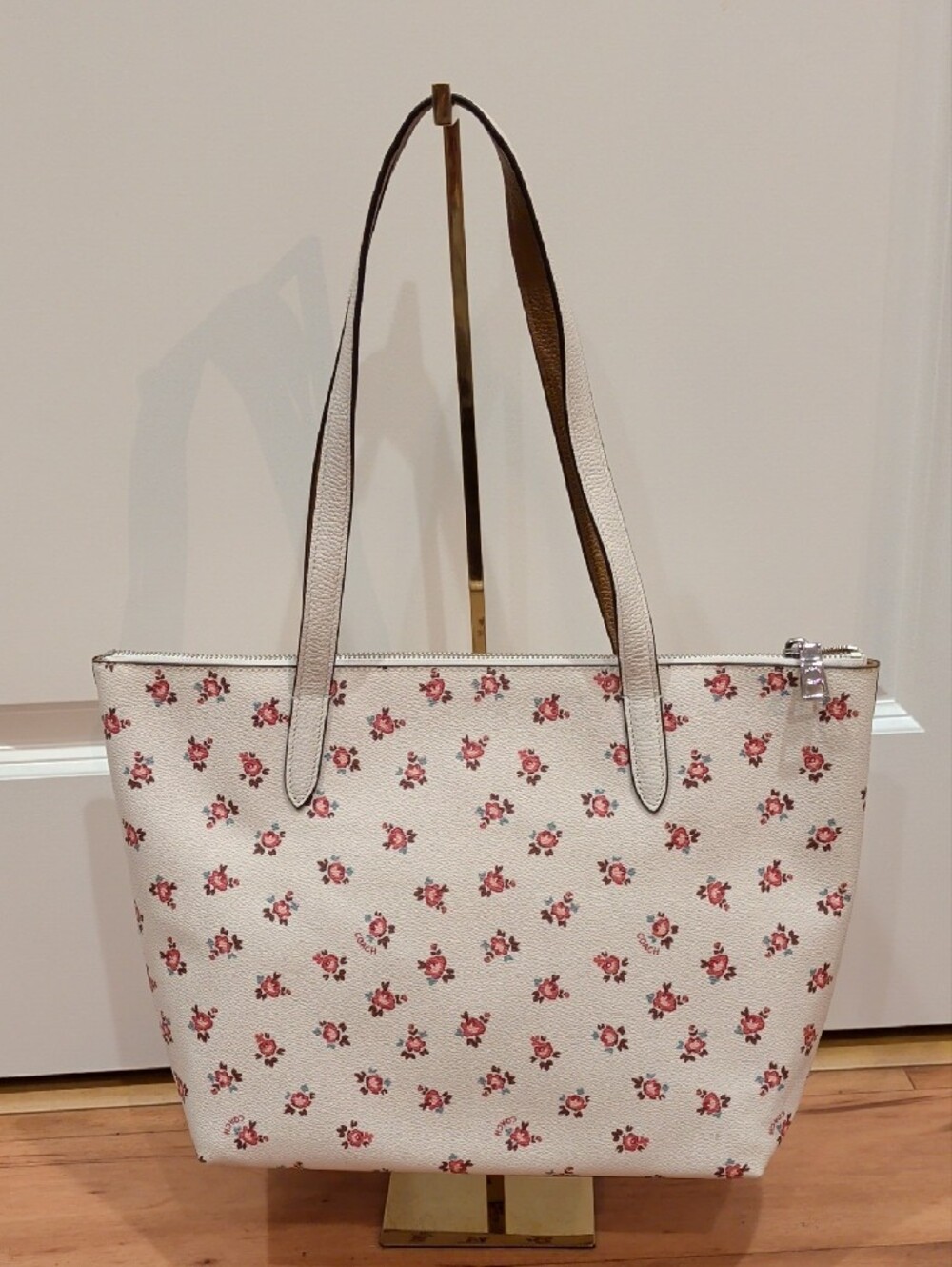 Coach Cream Tote with Pink Floral Print and Tan Leather Tag - Picture 5 of 17